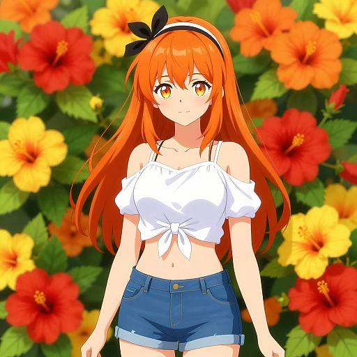 Digital anime-style drawing of a cute, fair-skinned girl with long orange hair, yellow eyes, wearing a white off-shoulder crop top and