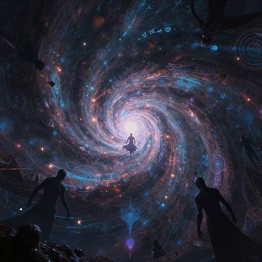 Digital art of a silhouetted figure flying through a swirling, luminous galaxy with cosmic patterns and glowing orbs, surrounded by dark, shadowy