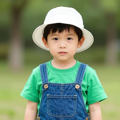 Photograph of an Asian toddler with fair skin, black hair, wearing a white bucket hat, green shirt, and blue denim overalls, standing in