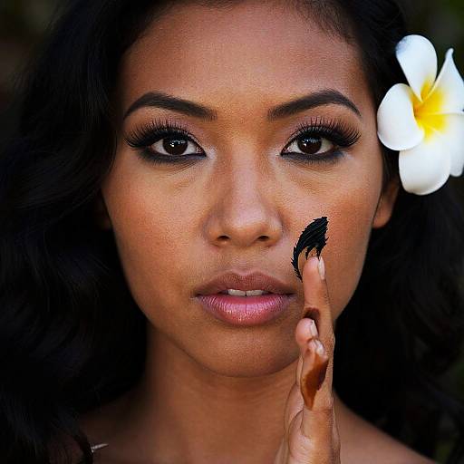 Close-up photograph of a dark-haired woman with brown skin, wearing a white plumeria flower in her hair, applying black eyeliner to her cheek