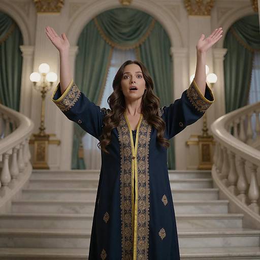 Surprised Woman on Marble Staircase