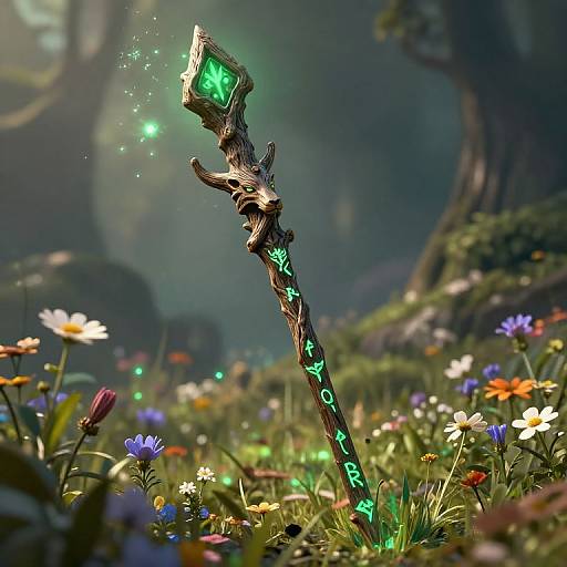 Photorealistic CGI of a glowing, magical staff with runes in a lush, colorful forest filled with flowers and mystical green light.