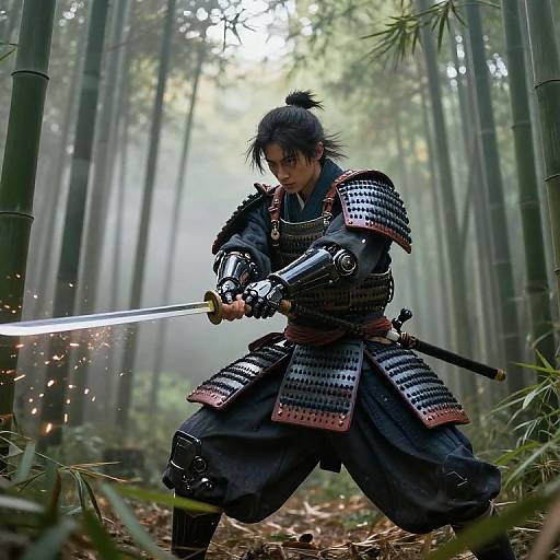 Photorealistic digital artwork of a samurai warrior with black hair in a topknot, wearing traditional armor, wielding a gleaming sword in a