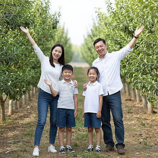 Photograph of smiling Asian family in white clothes standing with arms raised in a fruit tree orchard, bright daylight.