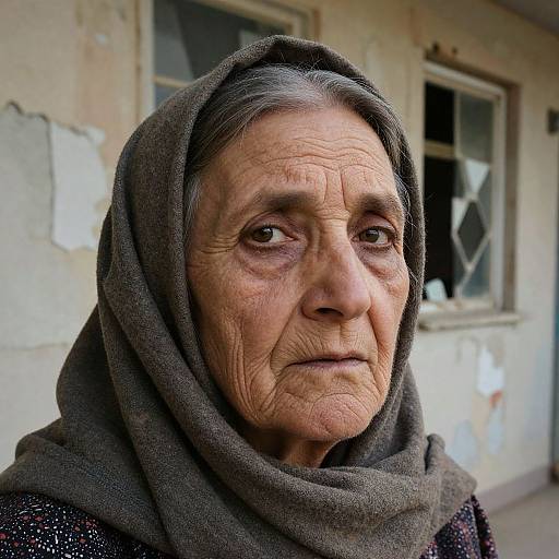 Photograph of an elderly woman with deep wrinkles, gray hair, and brown eyes, wearing a dark gray headscarf, standing outside a weathered