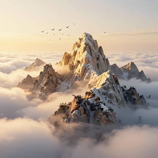 Photorealistic CGI of a sunlit, snow-capped mountain peak surrounded by fluffy clouds and silhouetted trees, with birds flying above.