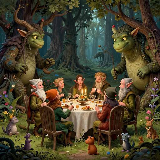 Fantastical forest dinner scene: five pointy-eared elves dine with two towering, green dragon-like creatures; candles illuminate the table, surrounded by