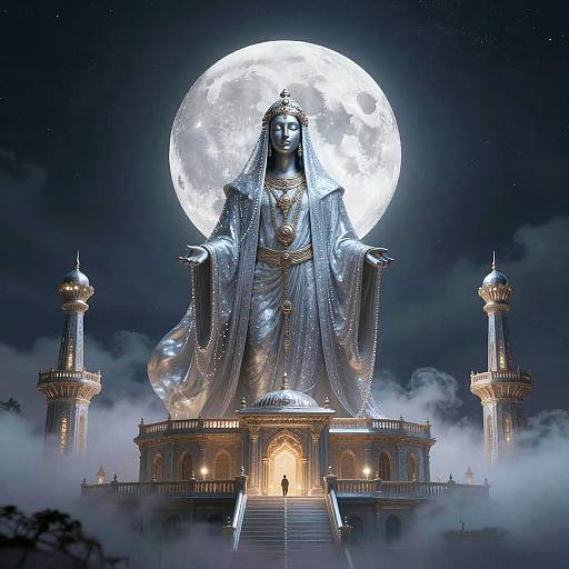 Digital artwork of a silver, statue-like goddess with a radiant halo, standing on a glowing temple with two minarets, under a full moon.