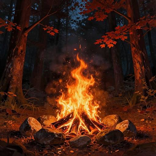 Photograph of a vibrant campfire in a dark forest, surrounded by glowing orange flames, scattered rocks, and autumn leaves.