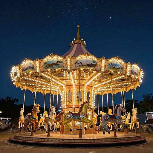 Photograph of a brightly lit, vintage carousel at night, featuring ornate, glowing horse statues with colorful, intricate decorations against a dark blue starry