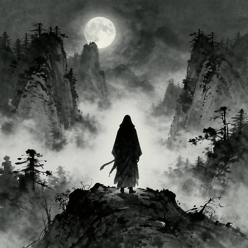 Silhouetted figure in long robe stands on rocky peak, gazing at full moon amidst misty, mountainous forest at night. Digital art