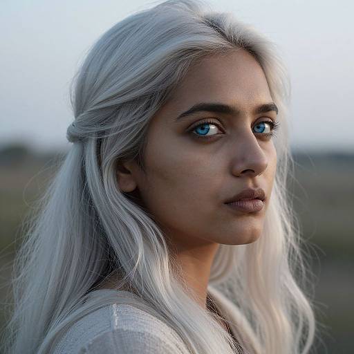 Photograph of a young woman with long, platinum blonde hair, striking blue eyes, and light brown skin, gazing thoughtfully into the distance against