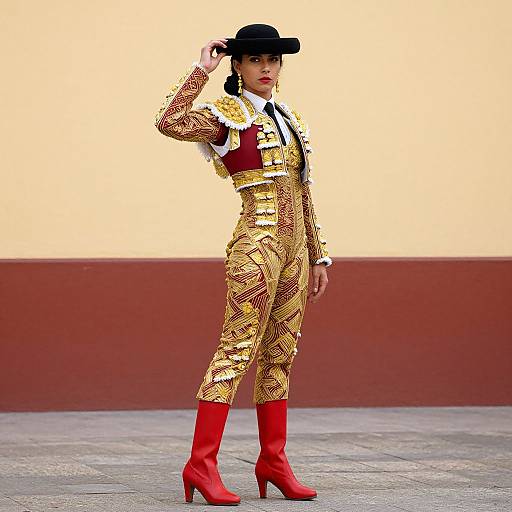 Photograph of a confident woman in a gold and red bullfighter outfit, black hat, and red boots, standing outdoors.