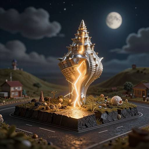 Photorealistic CGI of a glowing, metallic teapot-shaped sculpture with flames, illuminated by a full moon, in a night village scene.