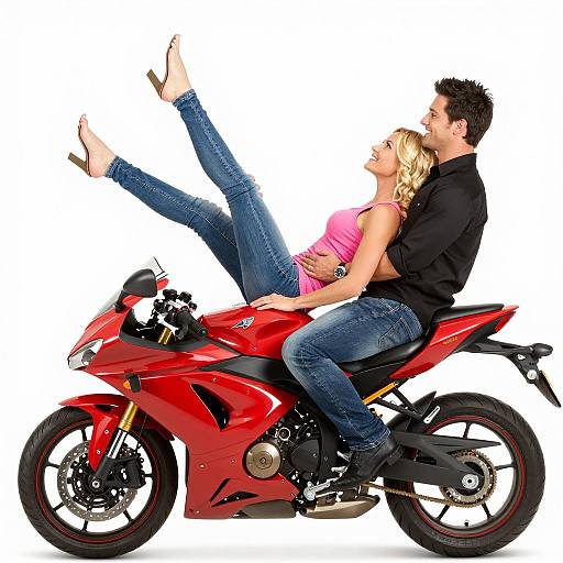 Couple Riding Red Motorcycle