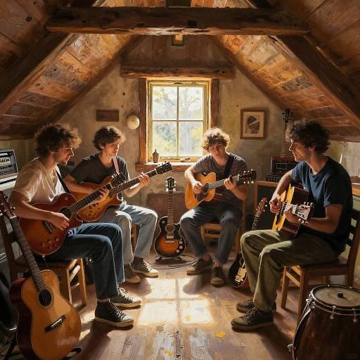 Amateur Musicians Jamming in Rustic Attic