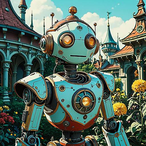 Vintage Steampunk Robot in Art Nouveau Garden