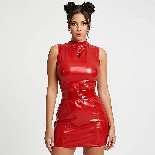 Photograph of a confident woman with dark hair in double buns, wearing a tight, shiny red latex sleeveless dress, white background, and a