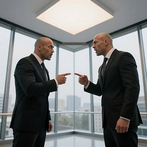Bald Suit Confrontation in Glass Office