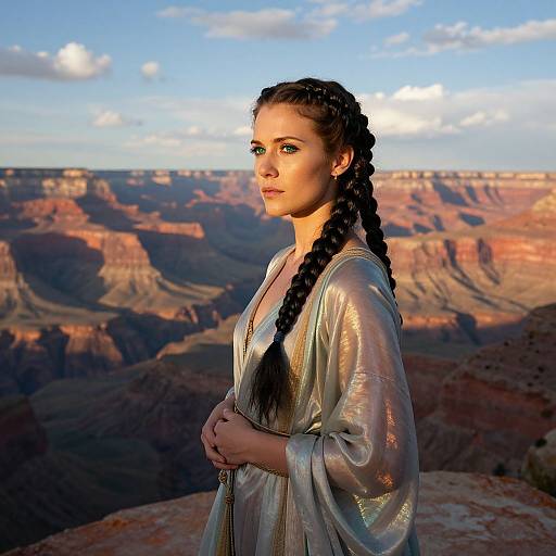 Photograph of a woman with long, braided black hair, wearing a shimmering silver robe, standing against a Grand Canyon sunset backdrop.