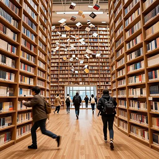 Photograph of a bustling library with tall wooden bookshelves on both sides, colorful books, wooden floor, and floating book-like lights overhead. People