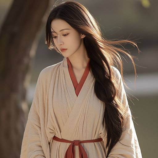 Photograph of an Asian woman with long black hair in a beige kimono with red trim, standing outdoors, looking down, sunlight illuminating her face