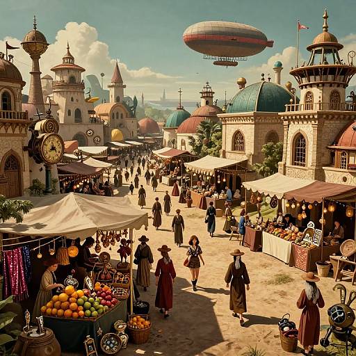 Whimsical steampunk market scene with airship, clock towers, colorful stalls, and medieval-costumed shoppers under a bright blue sky. Digital