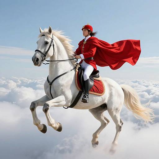 Digital art of a rider in a red cape and helmet, atop a white horse, soaring above fluffy clouds on a clear blue sky.