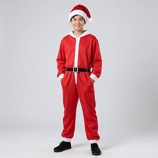 Photograph of a young boy smiling, wearing a red Santa suit with white trim, black belt, and black shoes, against a white background.