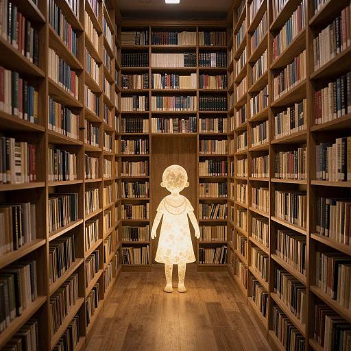 Photograph of a glowing, silhouette-like child figure standing in a dimly lit, narrow library aisle surrounded by tall wooden bookshelves filled with books