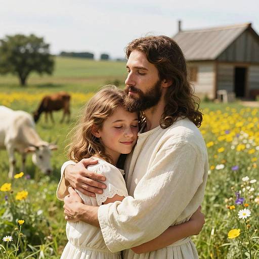Girl Embracing Jesus in Countryside