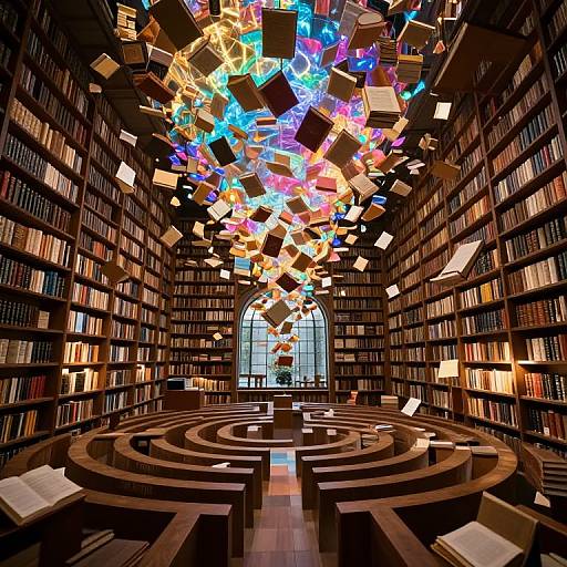 Photograph of a grand library with floating colorful book cubes, wooden shelves filled with books, circular seating area, and arched window at the back.