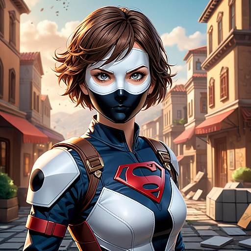 Digital artwork of a young woman with short brown hair, wearing a black mask, white and blue superhero suit with red 
