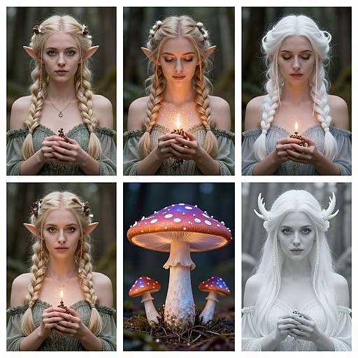 Photograph collage of a blonde elf woman with pointed ears, braided hair, off-shoulder dress, holding glowing fireflies, with white and