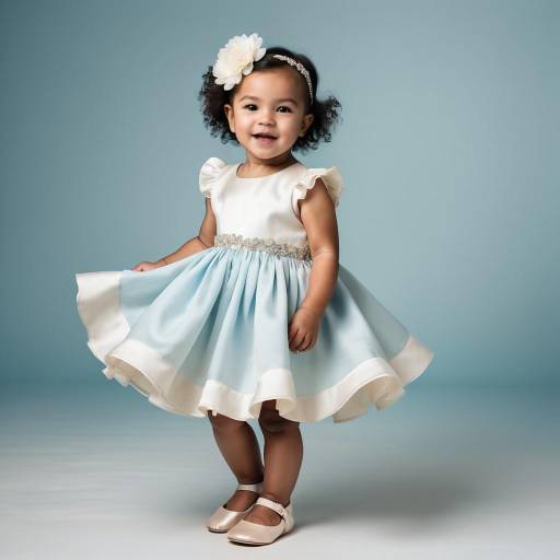 Smiling Toddler in Blue and White Dress