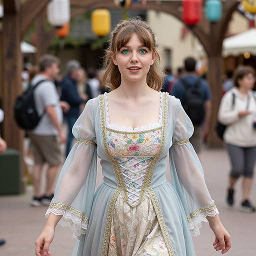 Photograph of a fair-skinned woman with green eyes, brown hair, wearing a light blue, floral-patterned, medieval-style dress, standing in
