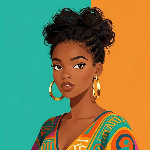 Digital illustration of a dark-skinned woman with curly hair, wearing large gold hoop earrings and a colorful, patterned dress, set against a split turquoise