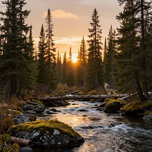 Photograph of a serene forest sunset with a flowing river, moss-covered rocks, and a lone wolf standing near the trees.