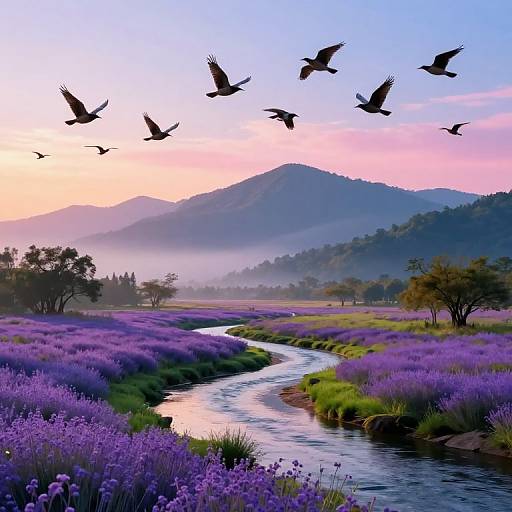 Photograph: Vibrant lavender field beside a winding stream, with a flock of birds flying overhead at sunrise, and misty mountains in the background.
