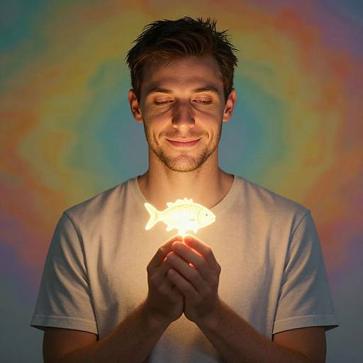 Man Holding Glowing Christian Fish Symbol