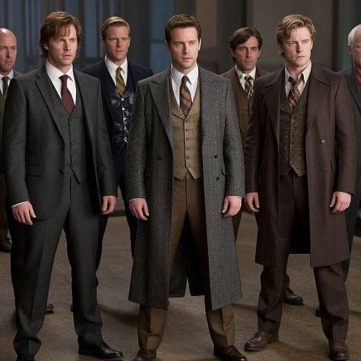 Photograph of six men in formal Victorian-style suits and long coats, standing in a dimly lit, elegant indoor setting.