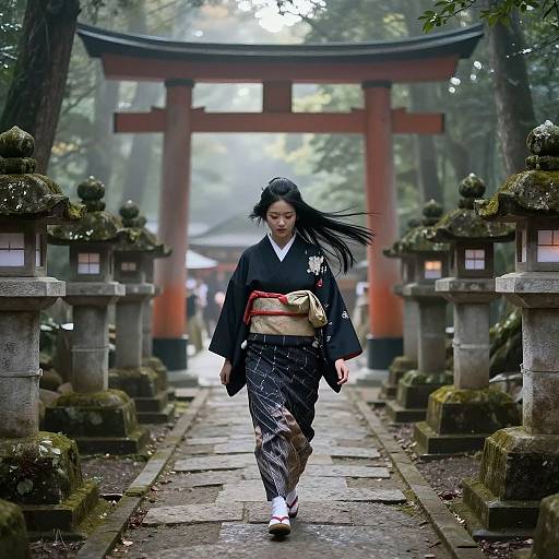 Photograph of an Asian woman in a black kimono with white patterns and red obi, walking through a misty Japanese shrine path with stone lantern