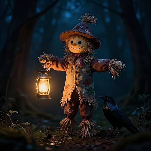 Photograph of a scarecrow with a lantern, straw hat, and coat, standing in a dark, blue-lit forest, with a crow at