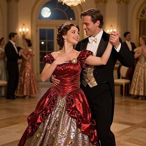 Photograph of a smiling couple dancing in an elegant ballroom, wearing red and black formal attire, with other guests in the background.
