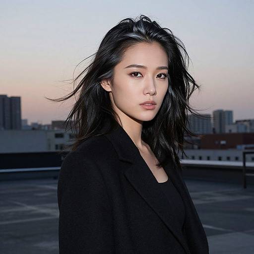 Photograph of an Asian woman with black hair, wearing a black coat, standing on a rooftop at dusk, city skyline in background.