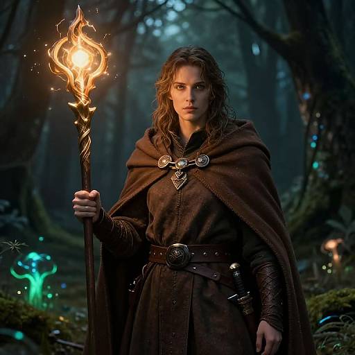 Digital fantasy artwork of a serious, wavy-haired woman in a brown cloak holding a glowing, flame-tipped staff in a dark, enchanted forest.