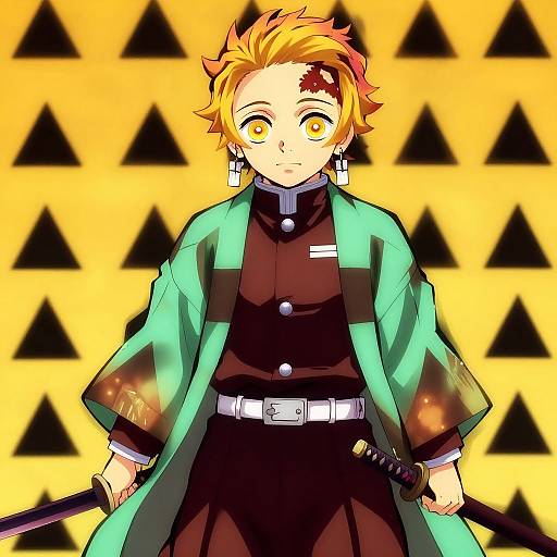 Anime-style digital drawing of a yellow-eyed, orange-haired male character with scars, wearing a black uniform and green jacket, holding a sword, against a