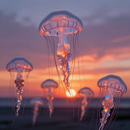 Photograph of glowing jellyfish with transparent domes and trailing tentacles, floating against a vibrant orange and purple sunset sky.
