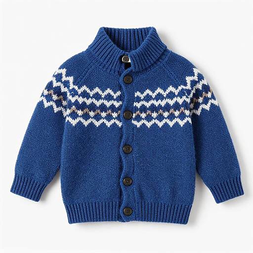 Photograph of a blue knit cardigan for children, featuring white and navy patterned stripes on the chest, black buttons, and ribbed cuffs and