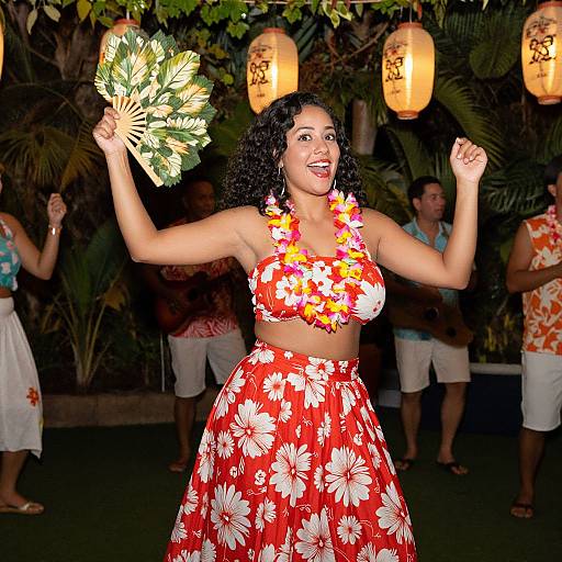 Photograph of a joyful, curvy woman with dark curly hair, wearing a red floral halter top and skirt, holding a fan, against a